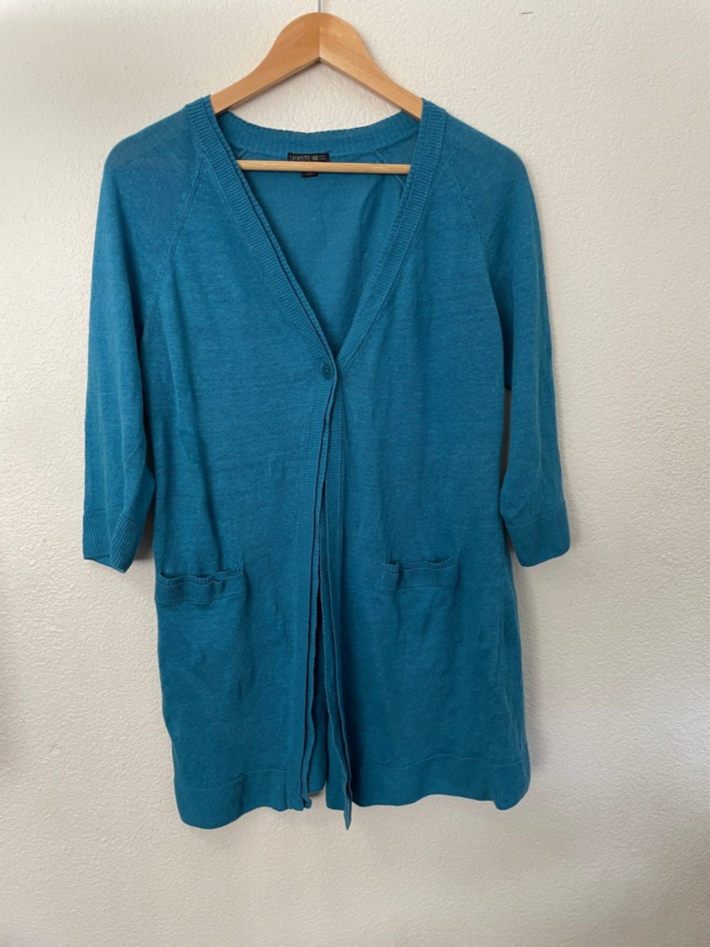 Lafayette 148 NY 100% linen Teal Knit long cardigan duster classic L 23x32